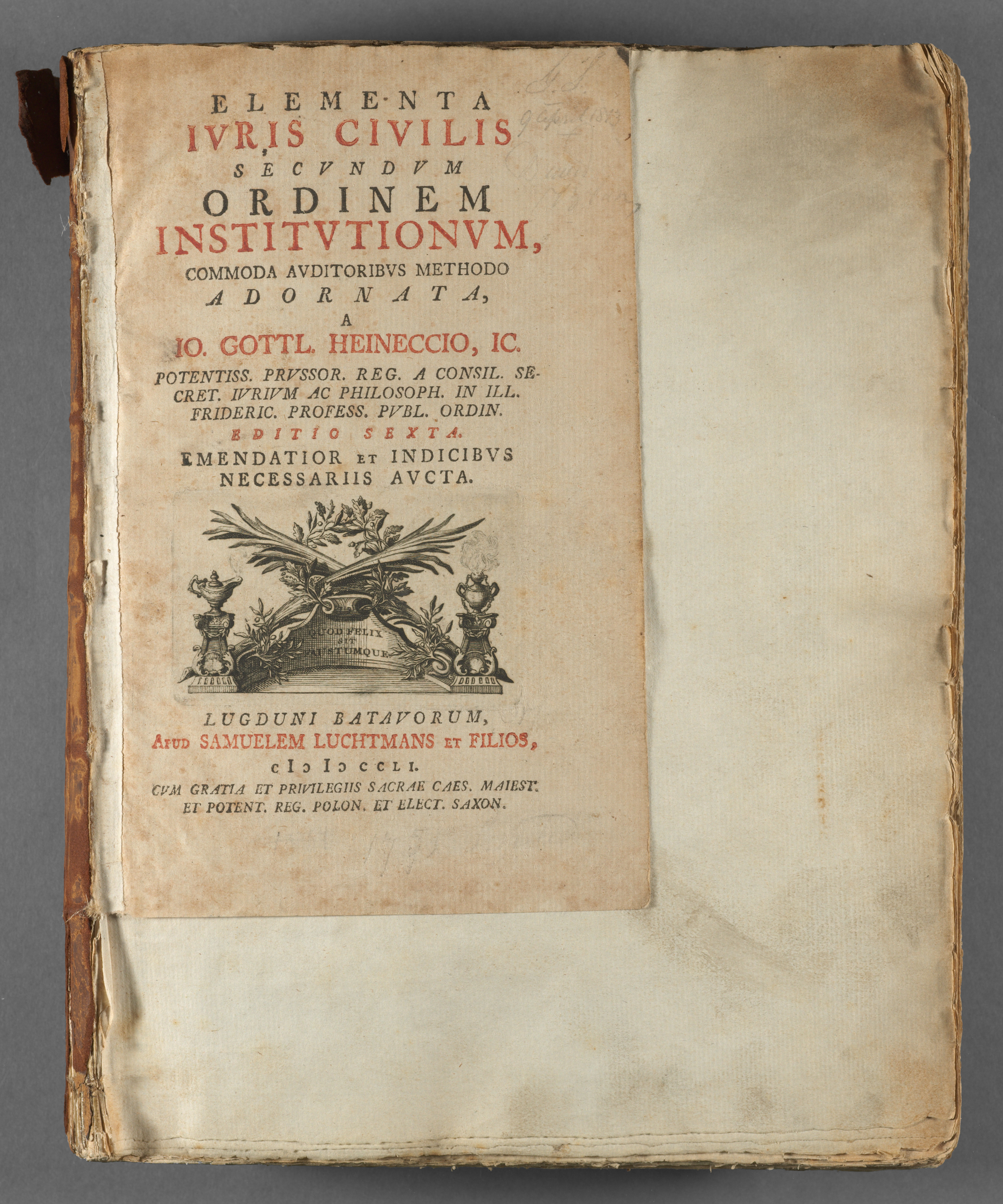Elementa Iuris Civilis Secundum Ordinem Institutionum 1751 Leiden, Netherlands