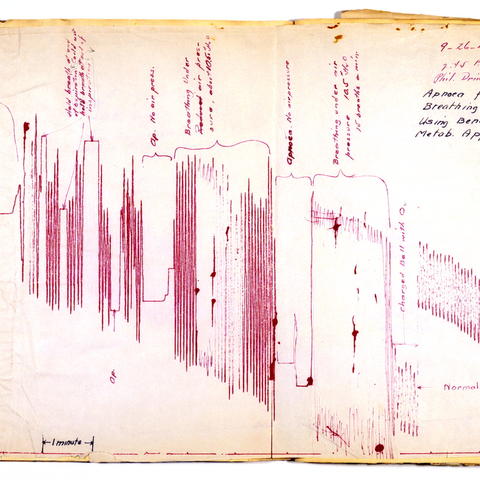 This is a leaf from Philip Drinker’s laboratory notebook chronicling his research with Louis Agassiz Shaw in artificial respiration.