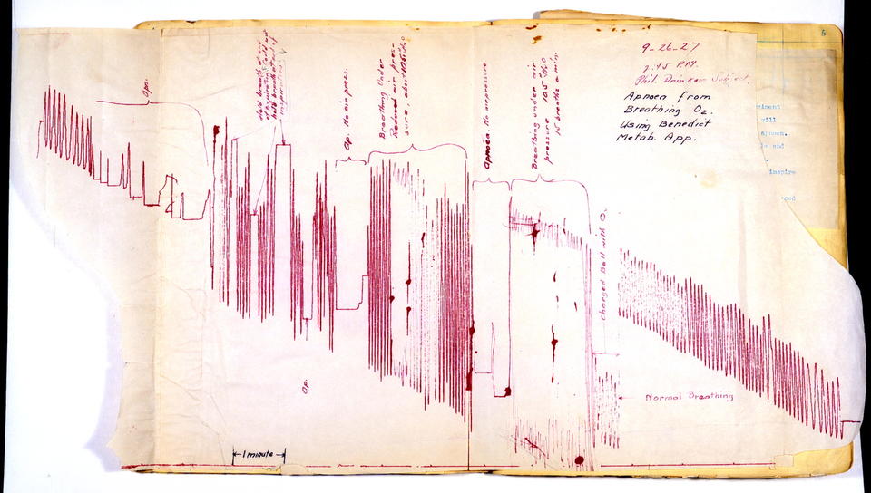 This is a leaf from Philip Drinker’s laboratory notebook chronicling his research with Louis Agassiz Shaw in artificial respiration.